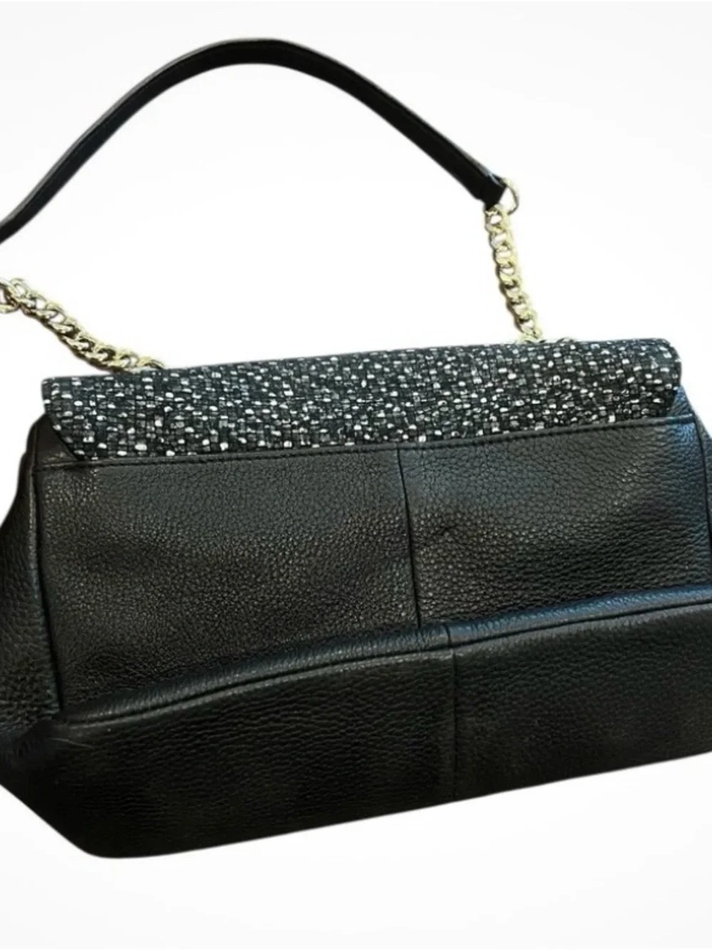 Karl Lagerfeld Black Tweed-Front Shoulder Bag with Gold Chain